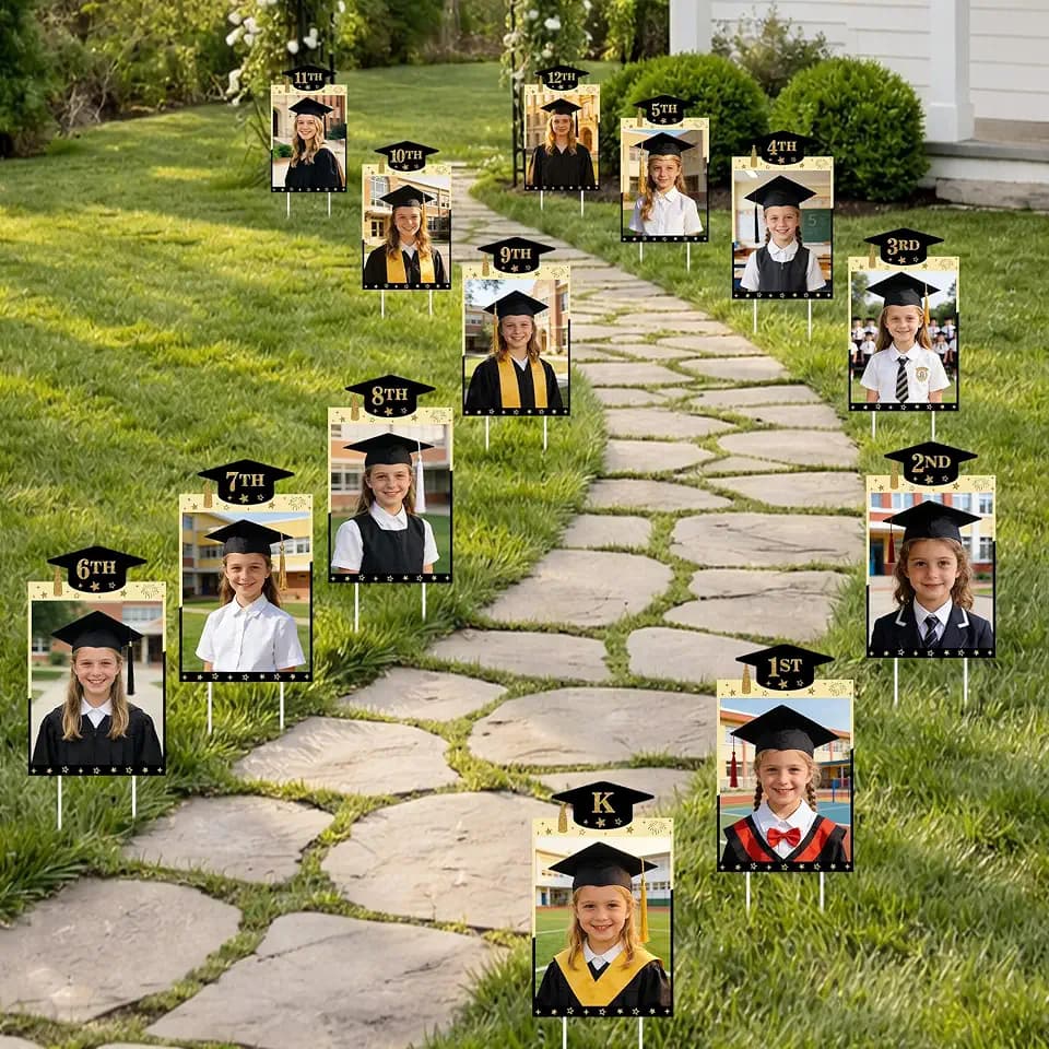 13 Pcs DIY Graduation Yard Signs, 13.8" x 8.3" K-12 Congrats Grad Photo Lawn Sign with Stakes, 2026 Graduation School Picture Display Sign Decor for Outdoor Patio Grad Party Supplies