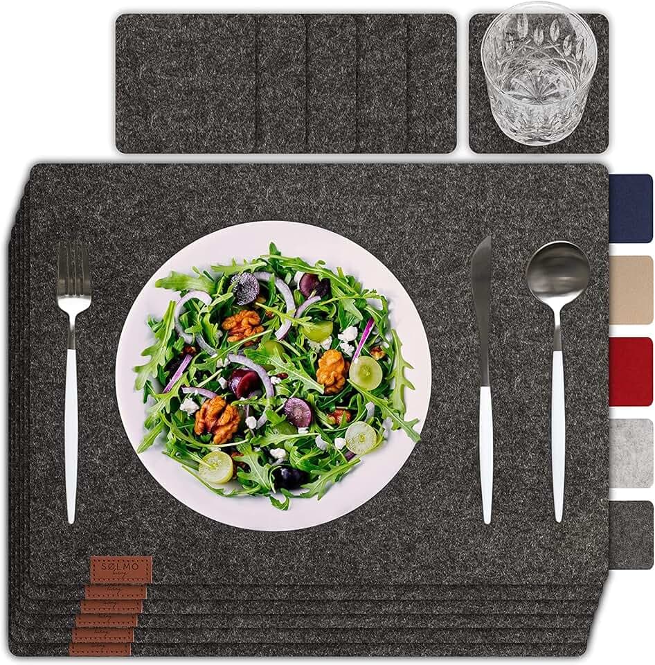 Sölmo 12er Premium Filz Tischset - Platzset Abwaschbar für Esstische - Dunkelgrau Platzdeckchen Set mit Filzuntersetzer für Teller und Gläser - Schutz vor Kratzern Ideal für Holztische - 42x32 cm