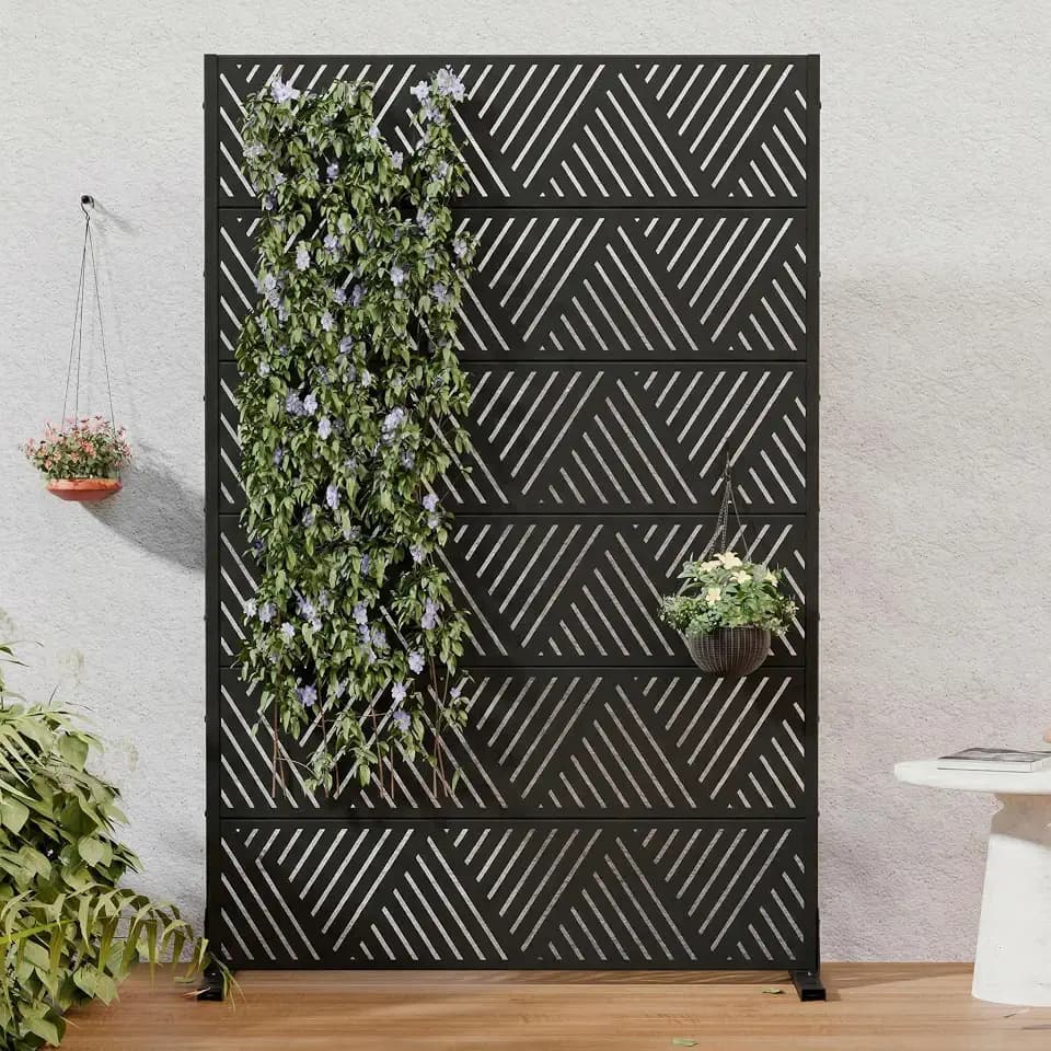 Casaphoria Metal Privacy Screen Outdoor, 72" H x 47" W Freestanding Decorative Privacy Screen for Patio Deck Balcony Garden with Stable Base, Triangular Black