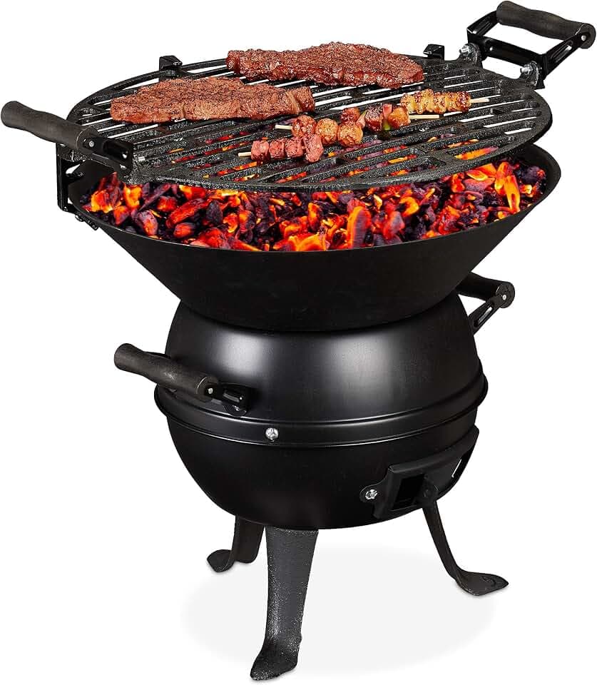 Relaxdays Grillfass, Gusseisen und Stahl, höhenverstellbar, tragbar, Barbecue Holzkohlegrill, Grillrost Ø 35 cm, schwarz, 39 x 46 x 36 cm