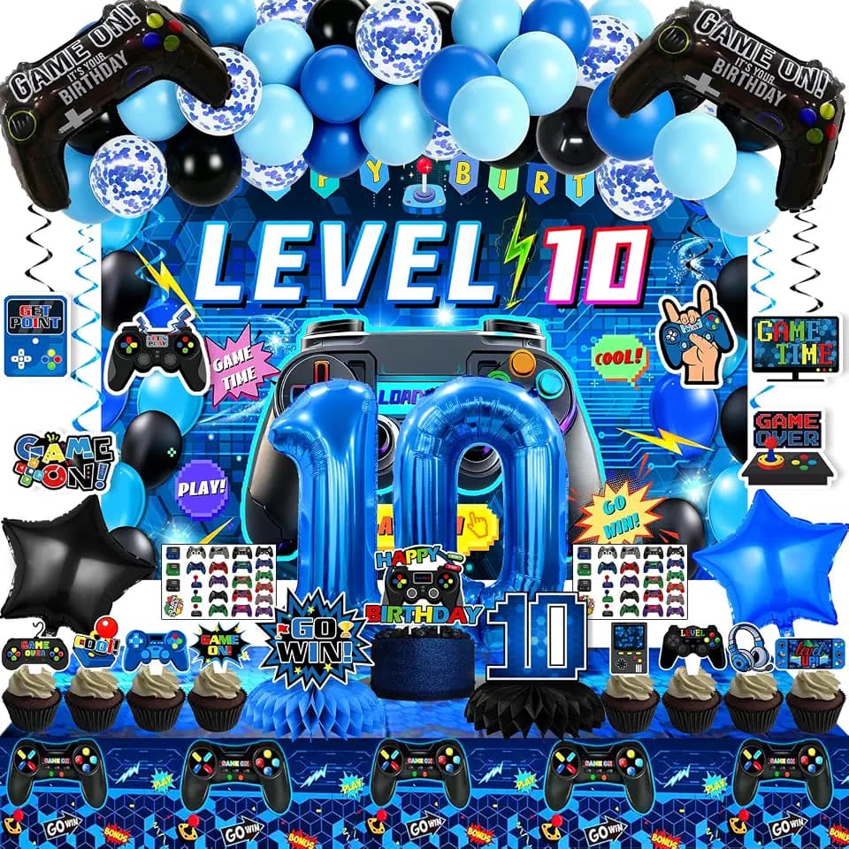 95PCS 10th Birthday Decorations for Boys, Video Game 10th Birthday Decorations Include Backdrop Balloon Arch Hanging Swirls Cake Topper for Blue and Black Level 10 Birthday Decoration