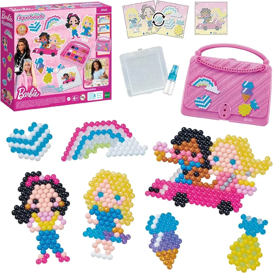 Aquabeads, 35145, Barbie Bastelkoffer, Wasserperlen Bastelset für Kinder ab 4 Jahren, Bastelperlen, kindersicher, kein Bügeln kein Kleben erforderlich