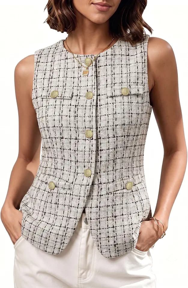 Mina Self 2026 Womens Fall Tweed Vest women - Button Front Casual Tops
