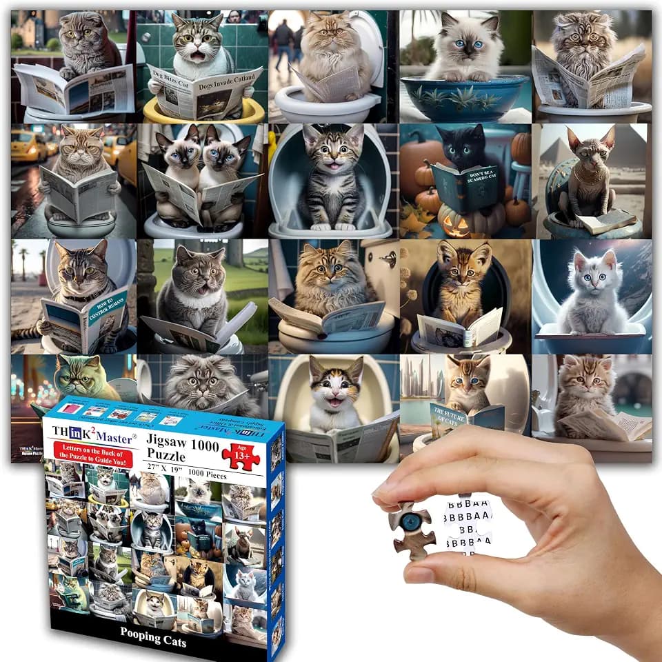 Think2Master Pooping Cats & Kittens 1000 Pieces Jigsaw Puzzle. Perfect Bathroom Decoration, Gag Gift. Fun for Teens, Seniors & Families. Great Gift for Ages 13+. Size: 26.8” x 18.9”