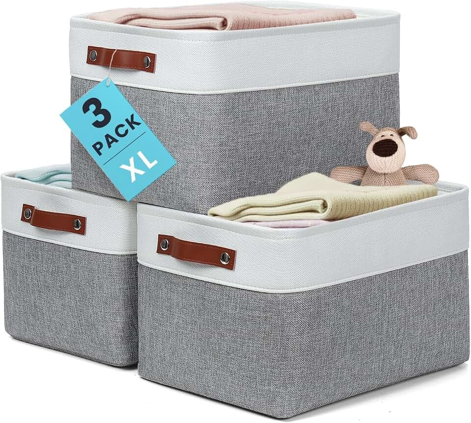 OrganiHaus 16x12.5in Storage Baskets, 3 Pack - Fabric Bins for Shelves