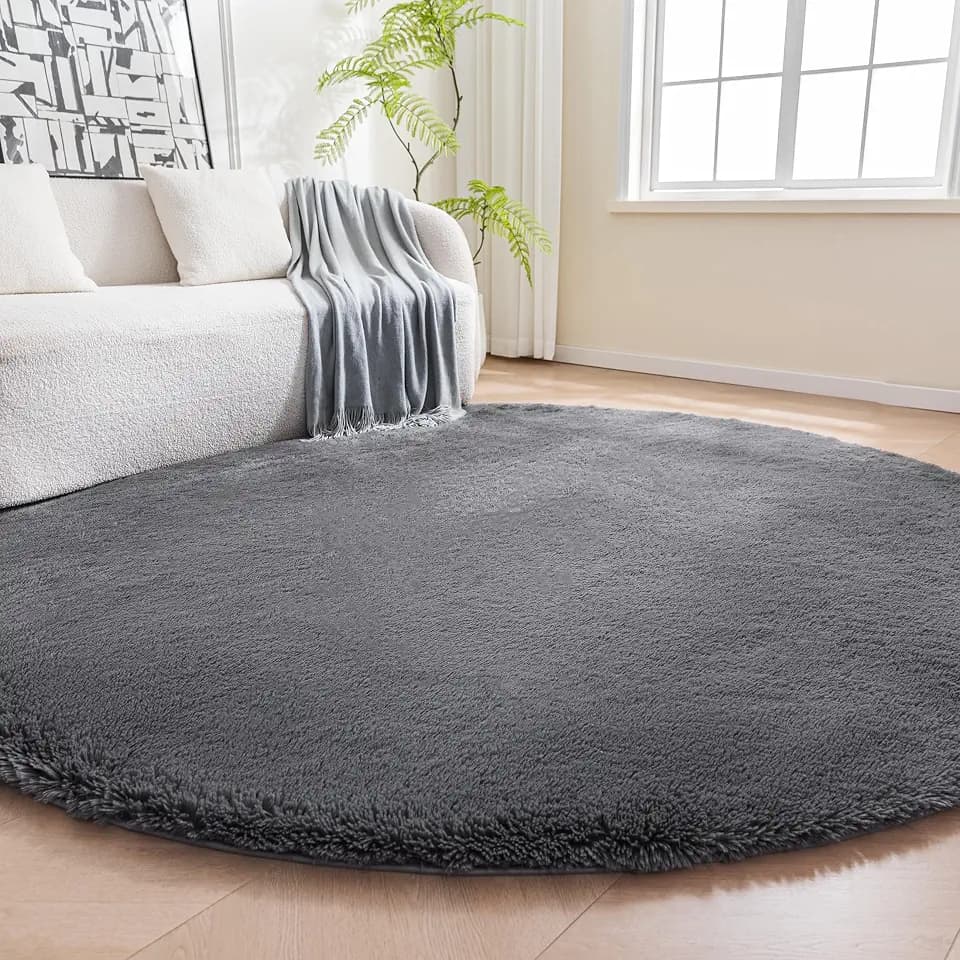Amazon Basics Fluffy Washable Round Area Rug, Circle Shaggy Carpet for Living Room, Bedroom, Nursery, 5'R, Dark Gray