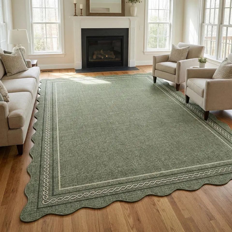 Washable Rug 6x9 Neutral Living Room Rug Non Slip Scalloped Irregular Carpet Soft Low Pile Floor Cover Modern Bordered Non-Shedding Thin Foldable Indoor Accent Rugs for Bedroom Office Green