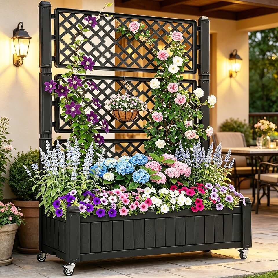 YITAHOME 42.5x14.2x61 in Planter Box with Trellis, All-Weather Raised Garden Bed with Wheels & Drain Plug, Outdoor Privacy Screen for Climbing Plants Flowers Herbs, Black