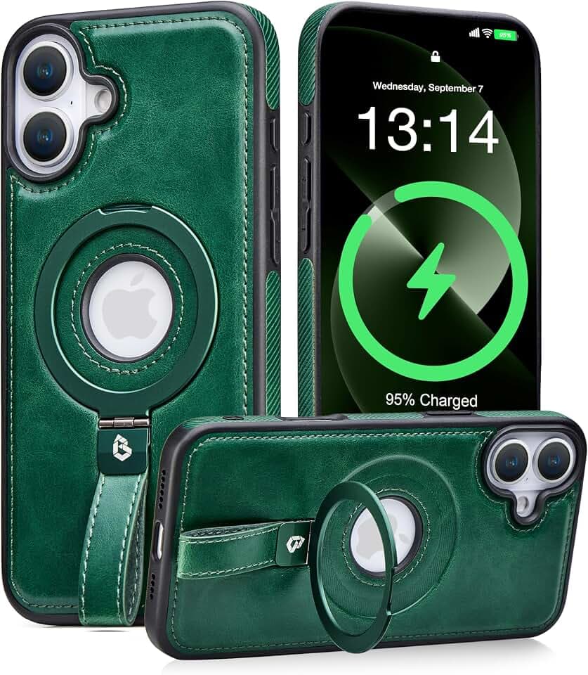 Butaiga for iPhone 16 Plus Case Leather Strap with Ring Stand, Green