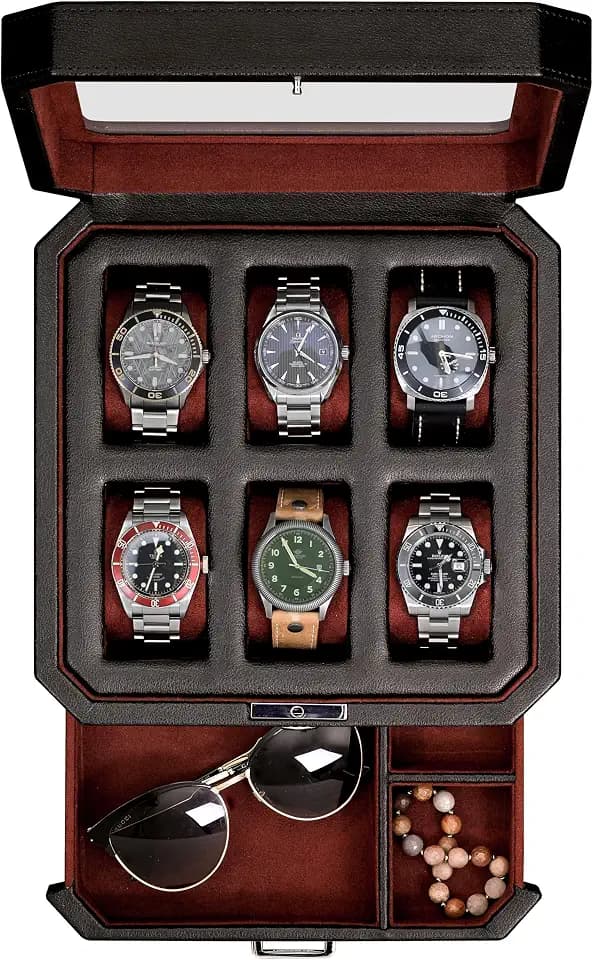 ROTHWELL 6 Slot Leder Uhrenbox mit Valet Schublade - Luxus Uhrengehäuse Display Organizer, Herren Aufbewahrungsboxen Halter Große Glasplatte (Schwarz/Rot)