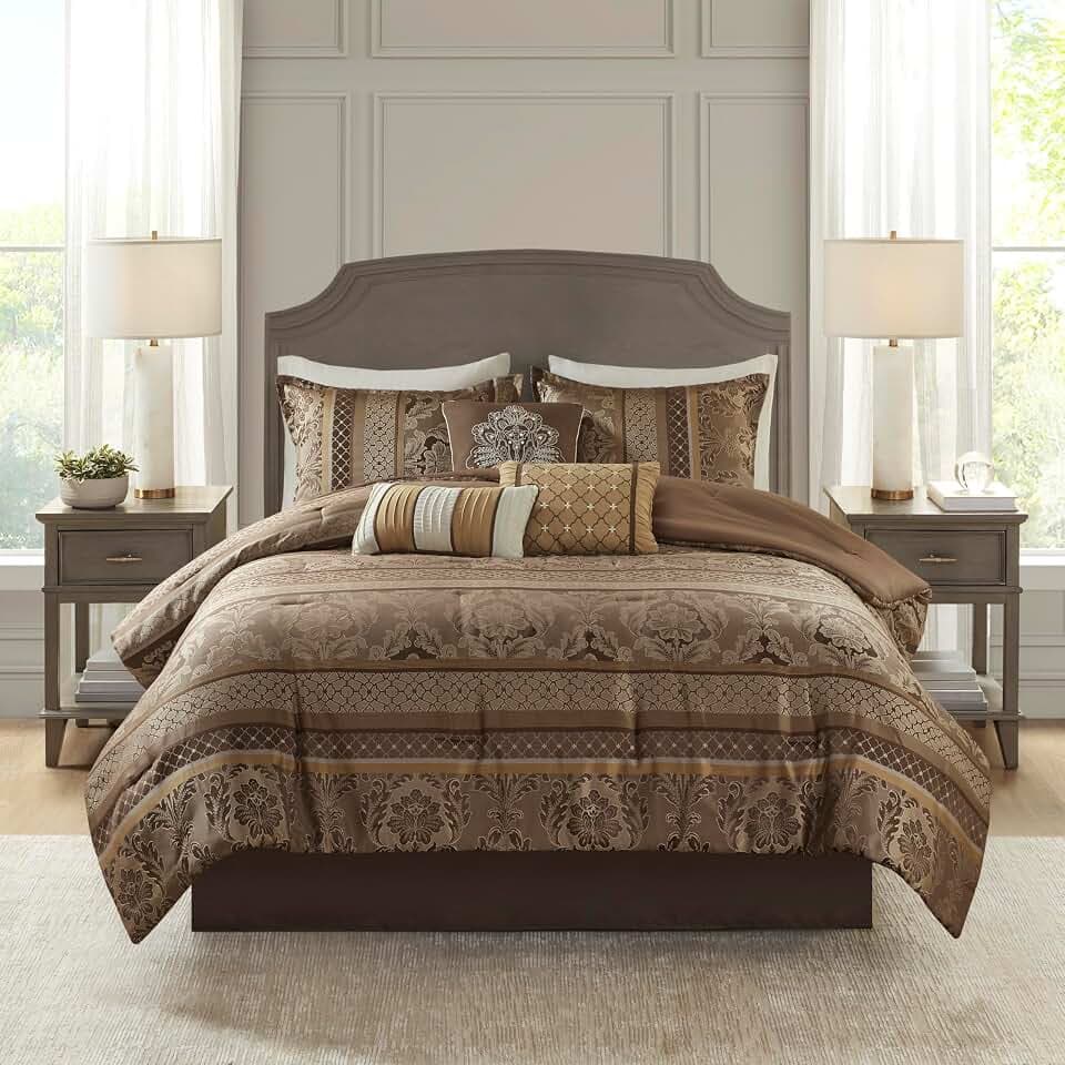 Madison Park Traditional Jacquard Damask Comforter Set, 7PC Queen Bed Set