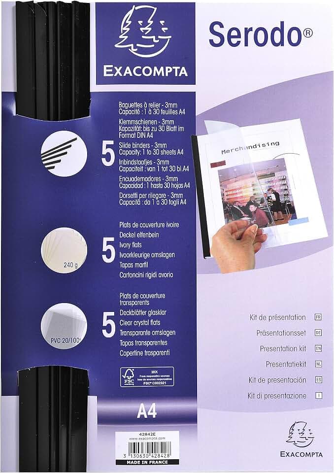 Exacompta 428432 Präsentationsset Serodo DIN A4: 5 schwarze Klemmschienen 3mm, 5 Deckel elfenbein, 5 Deckel glasklar aus PVC 200? Kapazität bis zu 30 Blatt ideal für Bewerbungen, Mappen, Dokumente