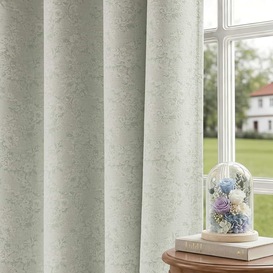 Green Floral Jacquard Blackout Curtains 96 Inches Long for Living Room Bedroom Chenille Flower Room Darkening Thermal Insulated Soundproof Grommet Window Treatments Drapes 2 Panels