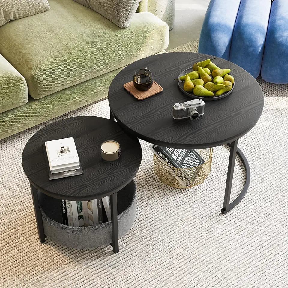 Couchtisch Rund, 2er Set Sofa Couchtisch Industrial Style, verschachtelte Beistelltische aus Metall und Holz, Vintage Sofa Tisches, Metall Satztisch Aufbewahrungstasche aus Stoff Schwarz