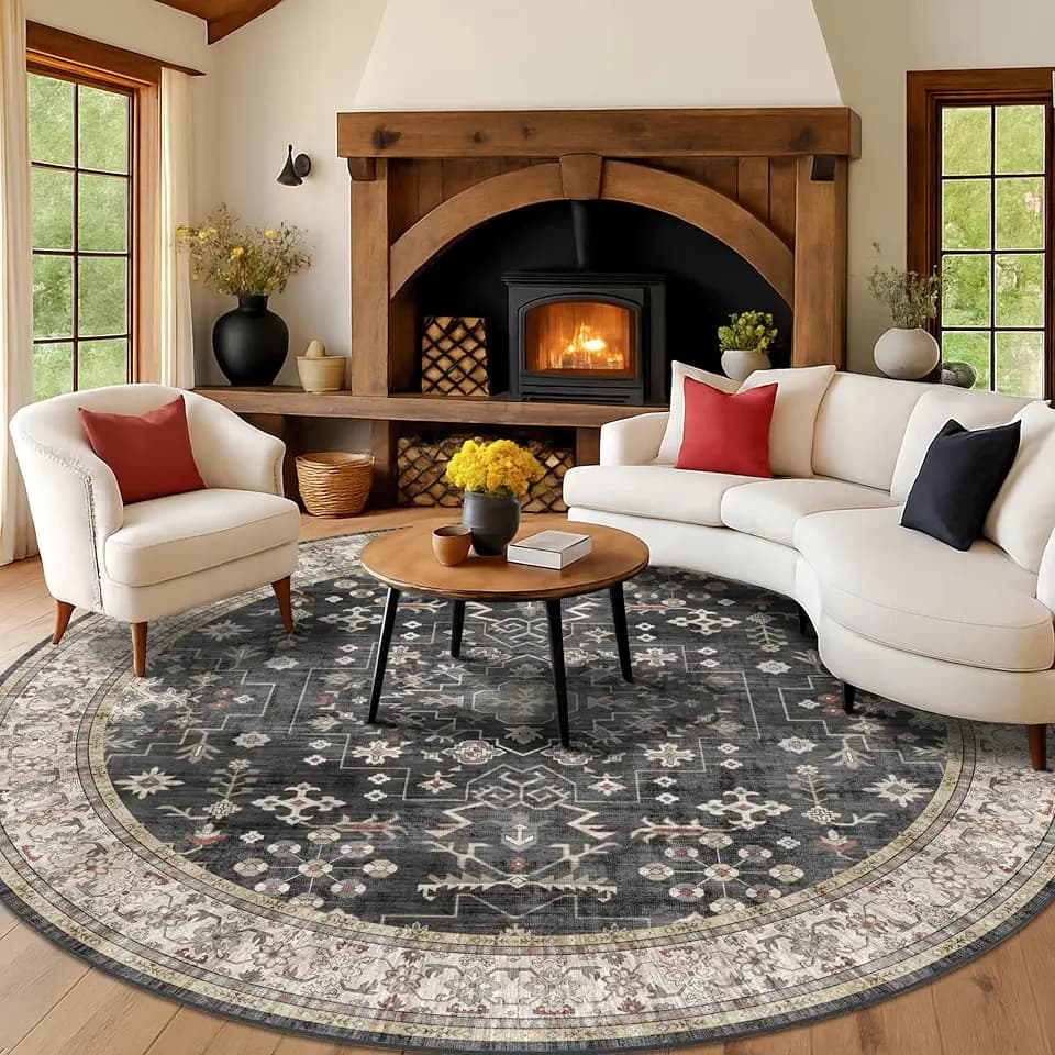 10ft Round Washable Rug - Large Area Rug for Living Room, Dining Room, Black Soft Farmhouse Bedroom Carpet with Geometric Floral Pattern, Modern Boho Décor, Low Pile & Soft Stain Resistant