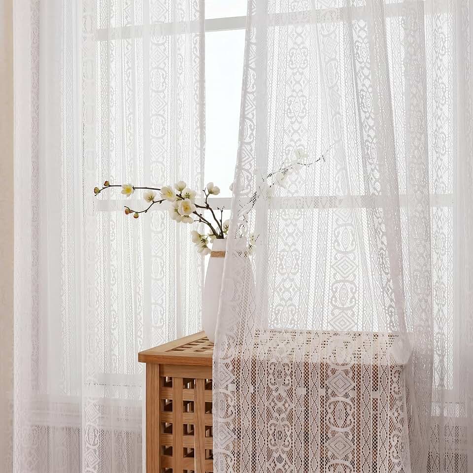 Weiße Boho Häkelgardinen 2er Set, H 160 x B 140 cm, lichtdurchlässige Spitzengardinen mit Stangentasche, Makramee Vorhänge für Wohnzimmer Schlafzimmer und Balkontür