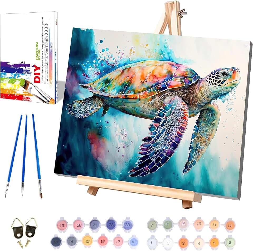Sea Turtle Paint by Numbers for Adults with Framed Canvas - Wooden Easel