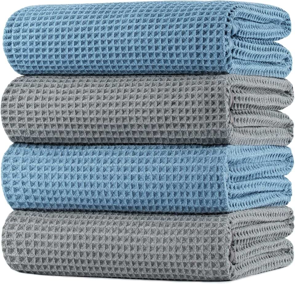 Polyte Badetuch Mikrofaser Waffel Schnelltrocknend 430 GSM 76,2x152,4 cm | 4er-Pack, Übergröße, fusselfrei, Körperhandtuch