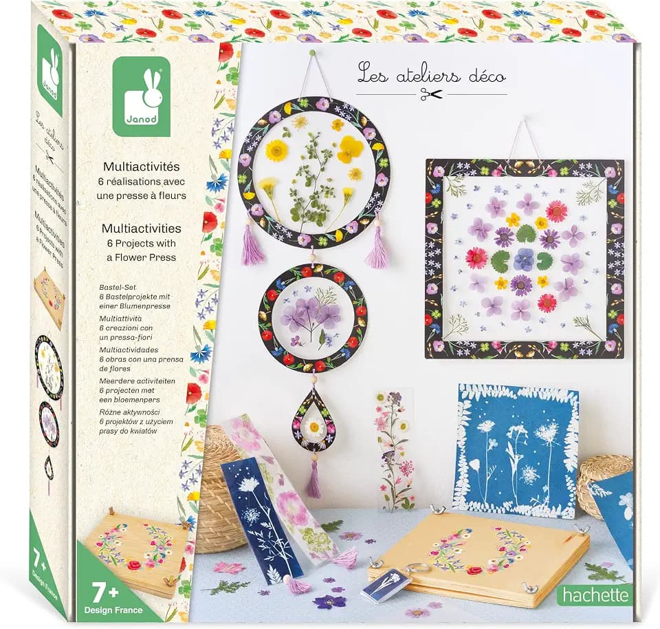Janod - Blumenpresse für Kinder - 6 Bastelaktivitäten - Les Ateliers Déco - Kreatives Hobby Kinder - Feinmotorik und Konzentration - Ab 7 Jahre, J07879