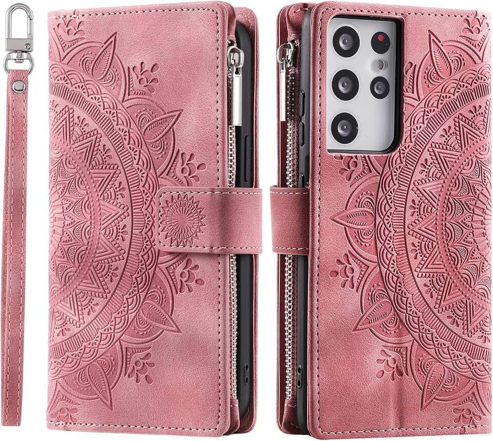 Handyhülle für Samsung Galaxy S21 Ultra hülle Klappbar Blumen Handytasche Schutzhülle Klapphülle mit Kartenfach Handy Tasche Book Cover Flip Case Ständer - Rosa