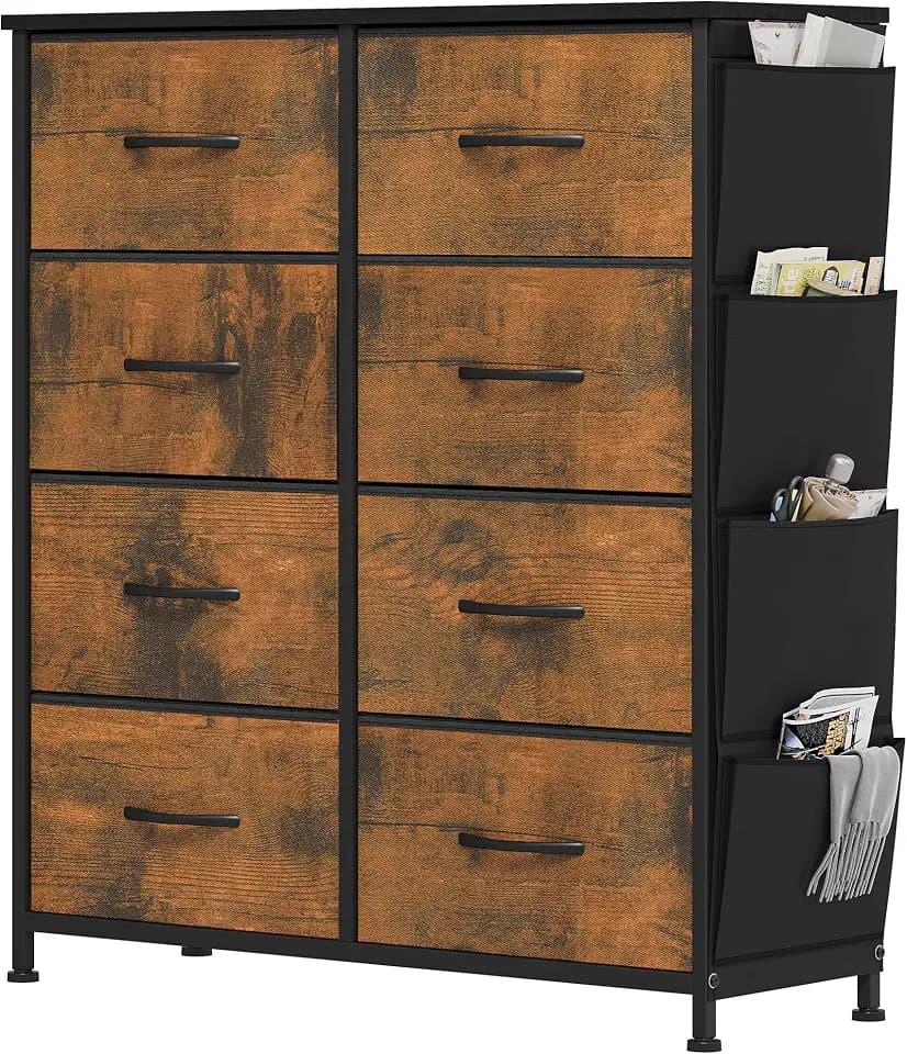 YITAHOME Kommode, 8 Stoffschubladen mit Griffen, Aufbewahrungsschrank, Schubladenschrank, Schrank, Metallgestell, stoffkommode für Schlafzimmer, für Wohnzimmer, Flur, Büro, Rotten Holzmaserung