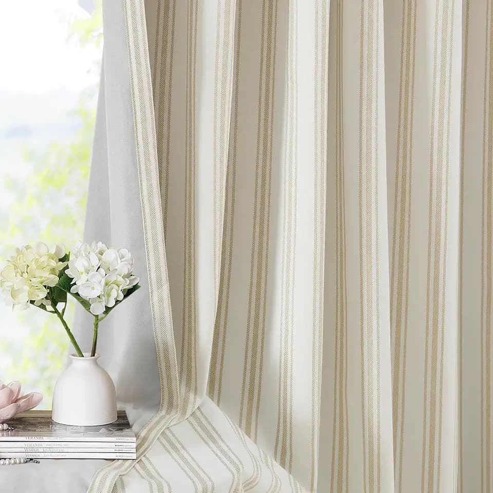 ZJDECOR 72 Inch Beige Stripe Full Blackout Curtains for Bedroom