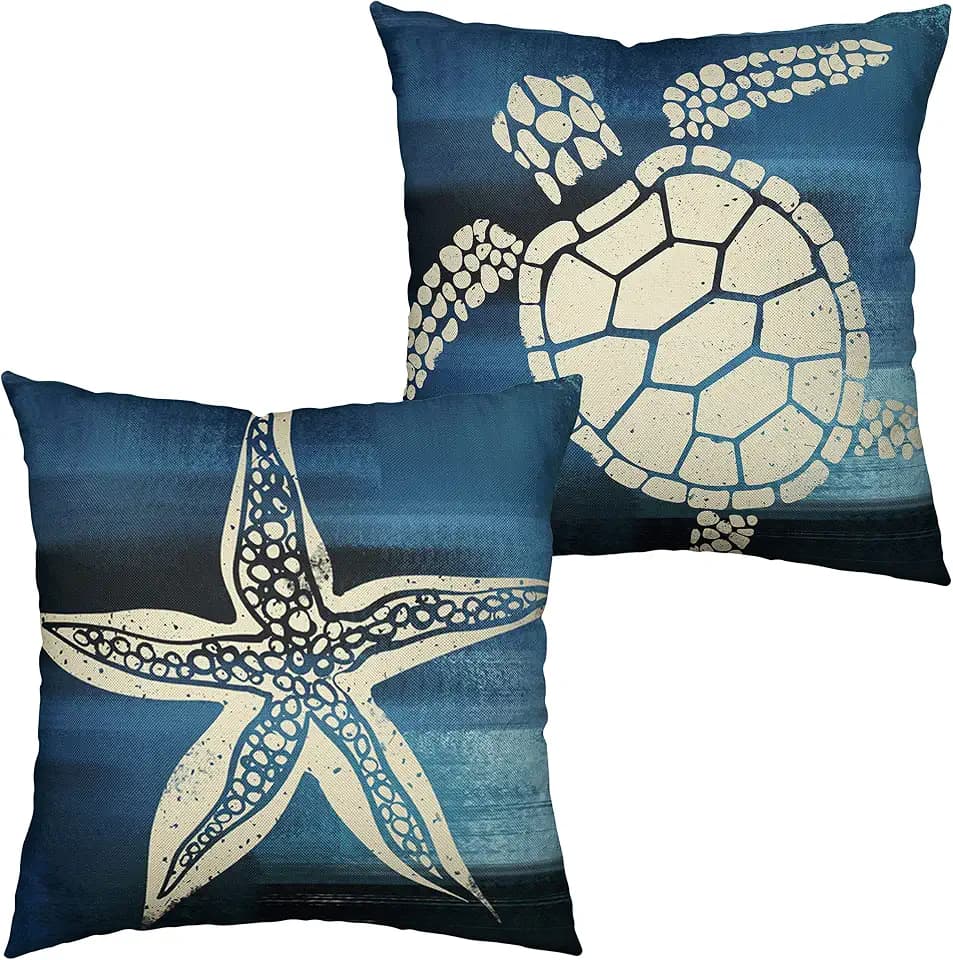 Nautical Theme Decorative Throw Pillow Covers 18x18 Set of 2 Coastal Starfish Sea Turtle Pillowcase Ocean Beach Blue Linen Pillow Covers for Outdoor Couch Living Room