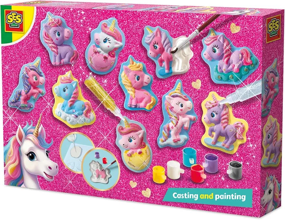 SES Creative Gips zum Gießen set | Baby-Einhörner | Gipsfiguren zum bemalen | Bastelset | Schnelltrocknend | Made in Holland | für Mädchen ab 5 Jahren | 6 Farben | 5 Figuren und Glitzer | 14723