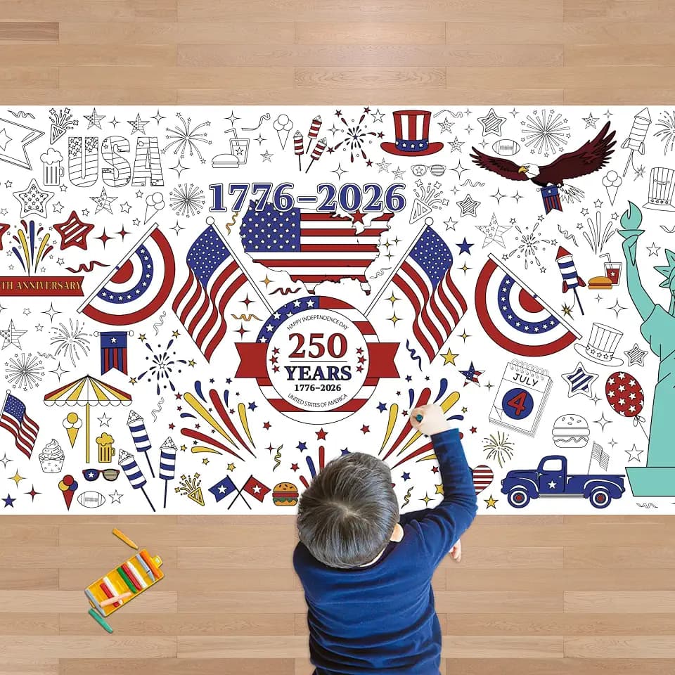 OHOME 4th of July Giant Coloring Poster/Tablecloth - 250th Anniversary USA Decorations,Kids July 4th Crafts Games Activities Toys Decor Party Decor 250 America Merchandise