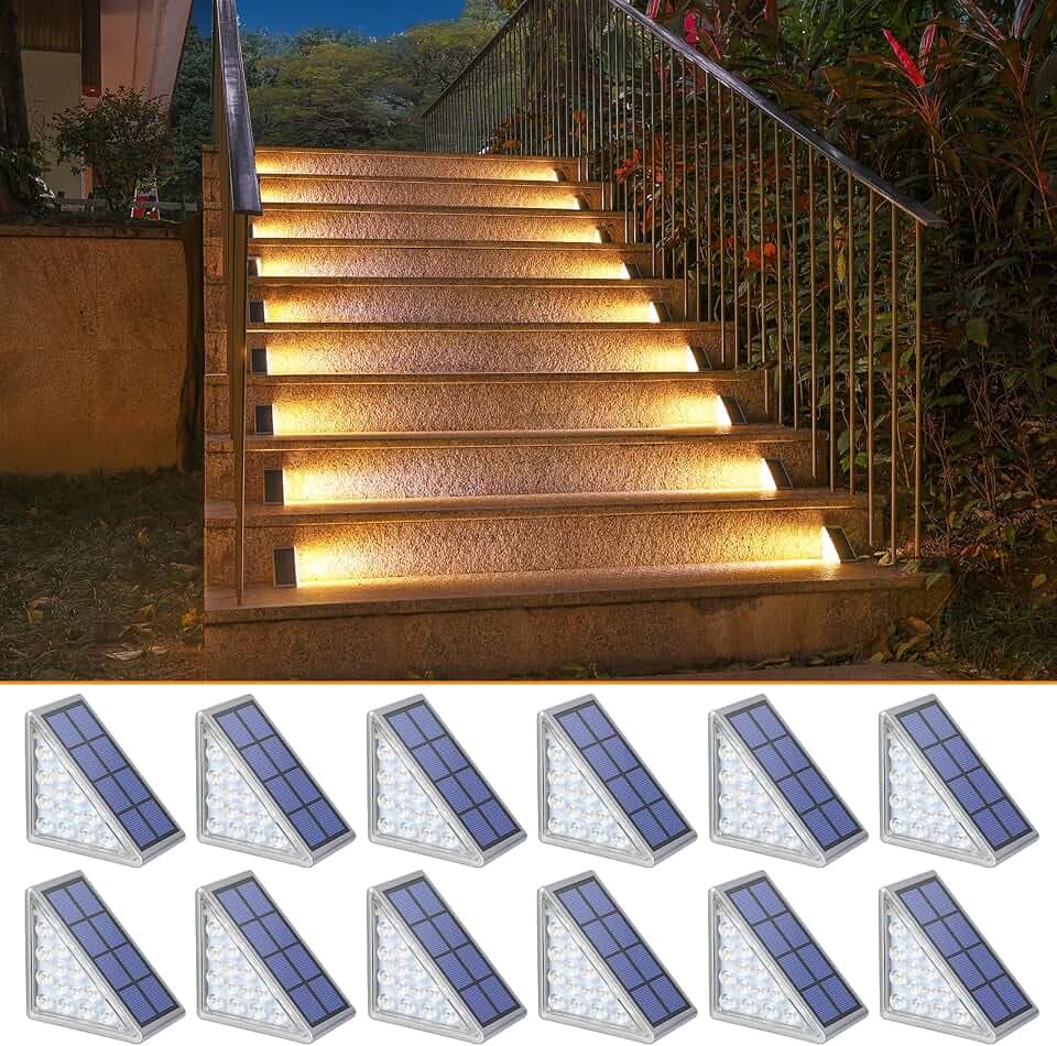 NIORSUN Solarlampen für Außen, 12 Stück Warmweiß Treppenbeleuchtung Außen Wasserdichte IP67 mit automatischer Ein-/Ausschaltung, Solarleuchten für Stufen, Treppen, Garten, Terrasse, Gehweg