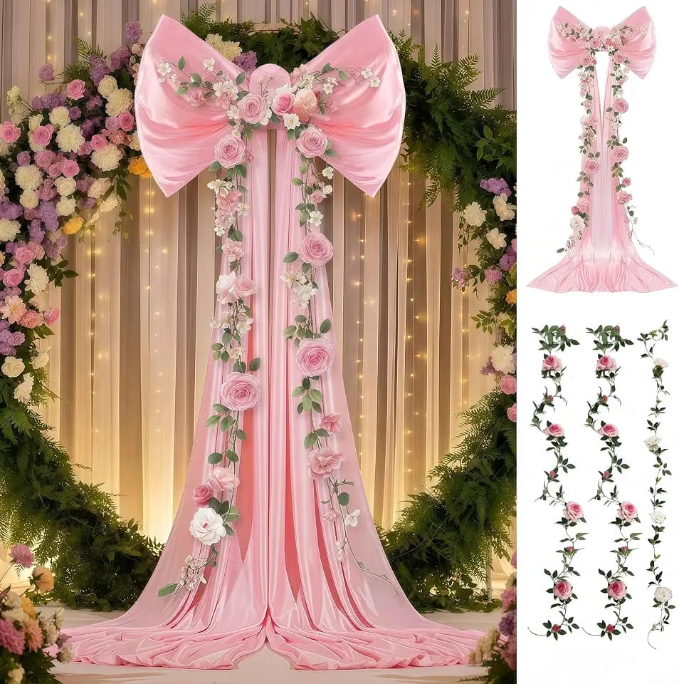 BreezeHug Large Bow Backdrop Long Ribbons Wedding,32 x 20 Inches,Pink