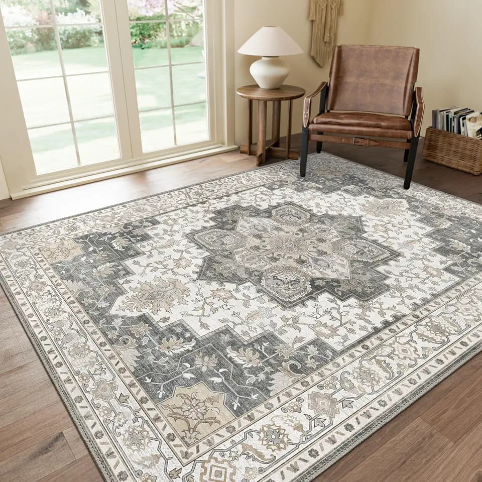 GENIMO 3x5 Washable Small Area Rug for Bedroom, Non Slip, Gray Ivory