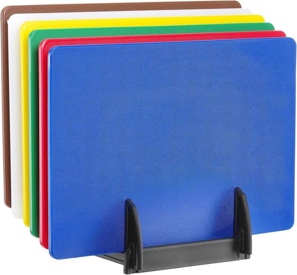 HENDI Satz mit 6 Schneidebrettern, HACCP, mit Halterung, Farbcodierung, beidseitig nutzbar, glatt, minimiert das Abstumpfen von Messern, Schneidebrettset, 450x300x(H)10mm, LDPE, Polypropylen