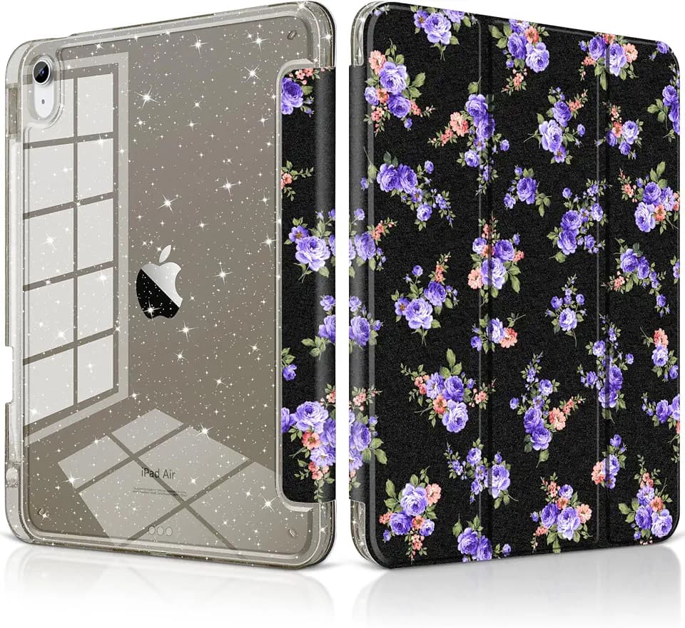 MEEgoodo for iPad Air 11 inch Case M4 2026/M3 2025/M2 2024, Case for iPad Air 5th/4th Gen 2022/2020, Glitter Tablet Cover with Clear Acrylic+Pencil Holder+Auto Wake/Sleep,Blue Rose