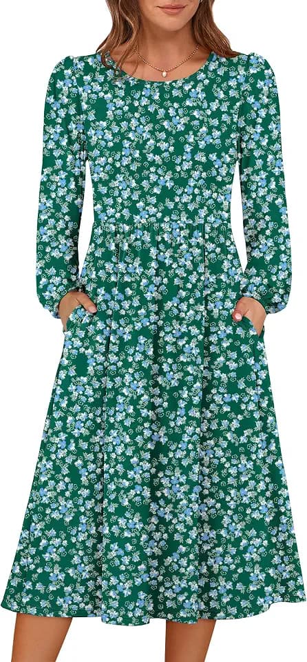 ANRABESS Women Long Sleeve Casual Fall Midi Dress Lightweight with Pockets