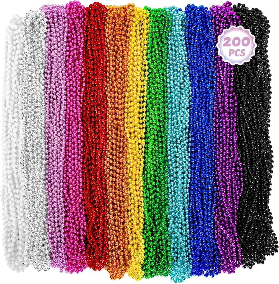Huskein 200PCS Mardi Gras Beads, 33" Bead Necklace, Colorful Mardi Gras Accessories, Women Men Party Beads Parade Throws Bulk for Christmas Pirate Baby Shower Carnival Birthday Party Supplies Decor