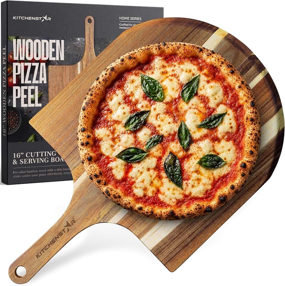 16-Inch Wooden Pizza Peel, X-Large Paddle, Cutting & Serving Board w Handle