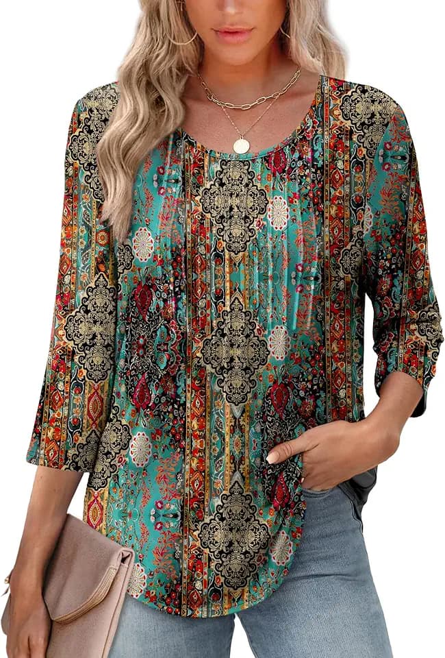 XIEERDUO 3/4 Length Sleeve Tops for Women 2026 Crewneck Casual Pleated Tunic Tops Shirts Blouses