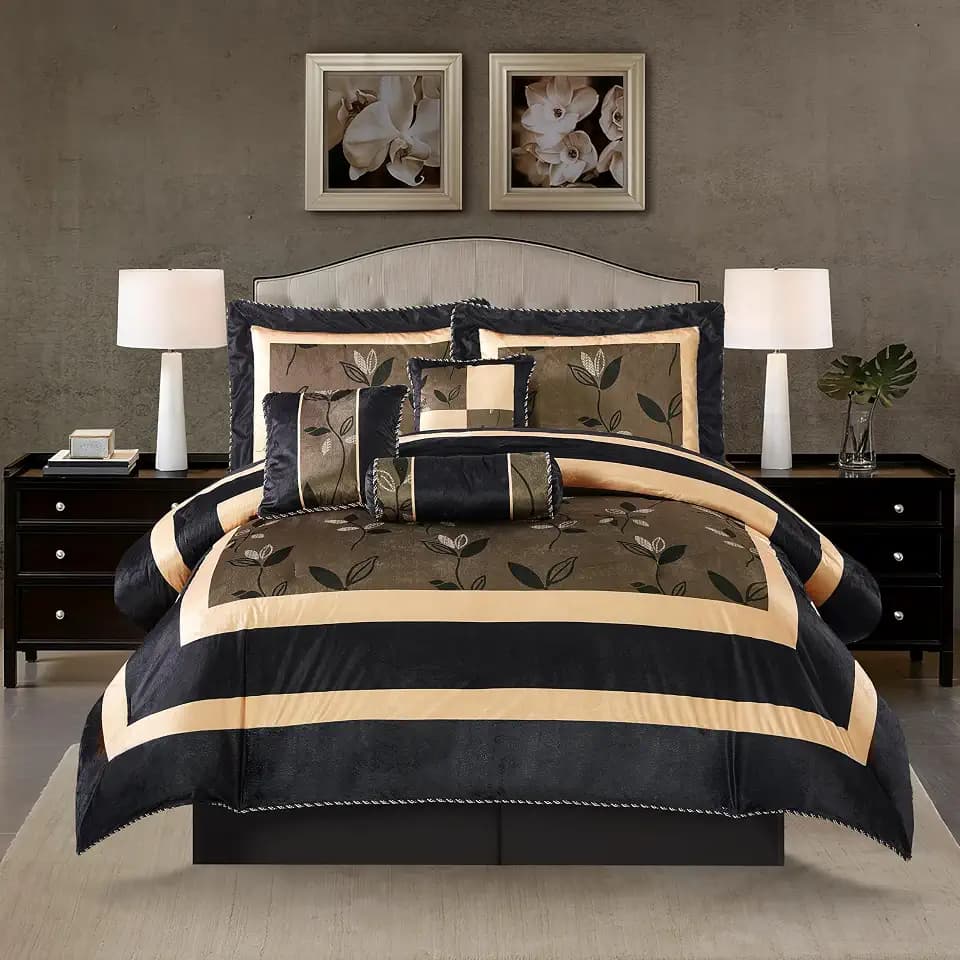 Stratford Park Elegant Leaves 7-Piece Comforter Bedding Set, Bronze, King Size, Short Plush Print Comforter Set, All Season Bedding Set