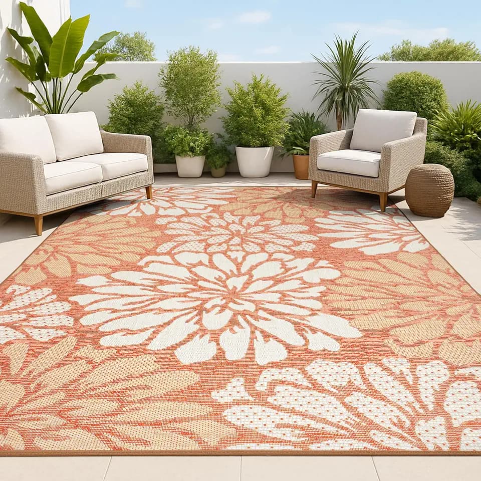 JONATHAN Y Floral Textured Weave Indoor Outdoor Area Rug 4X6 Orange/Cream, Zinnia Modern for Backyard, Patio, Porch, Easy-Cleaning, High Traffic, Pet-Friendly, Non-Shedding (SMB110E-4)