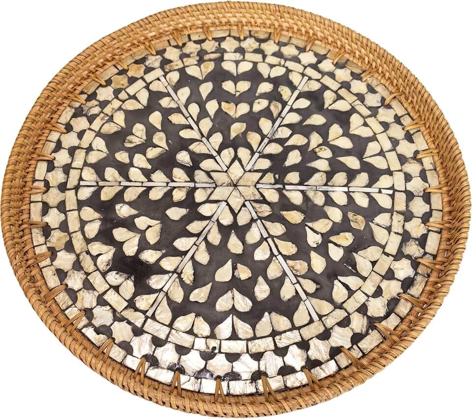 16" Rattan & Mother of Pearl Lazy Susan with Artisan Inlay - Round Black Rotating Turntable - Modern Server for Spices, Condiments & Holiday Hosting