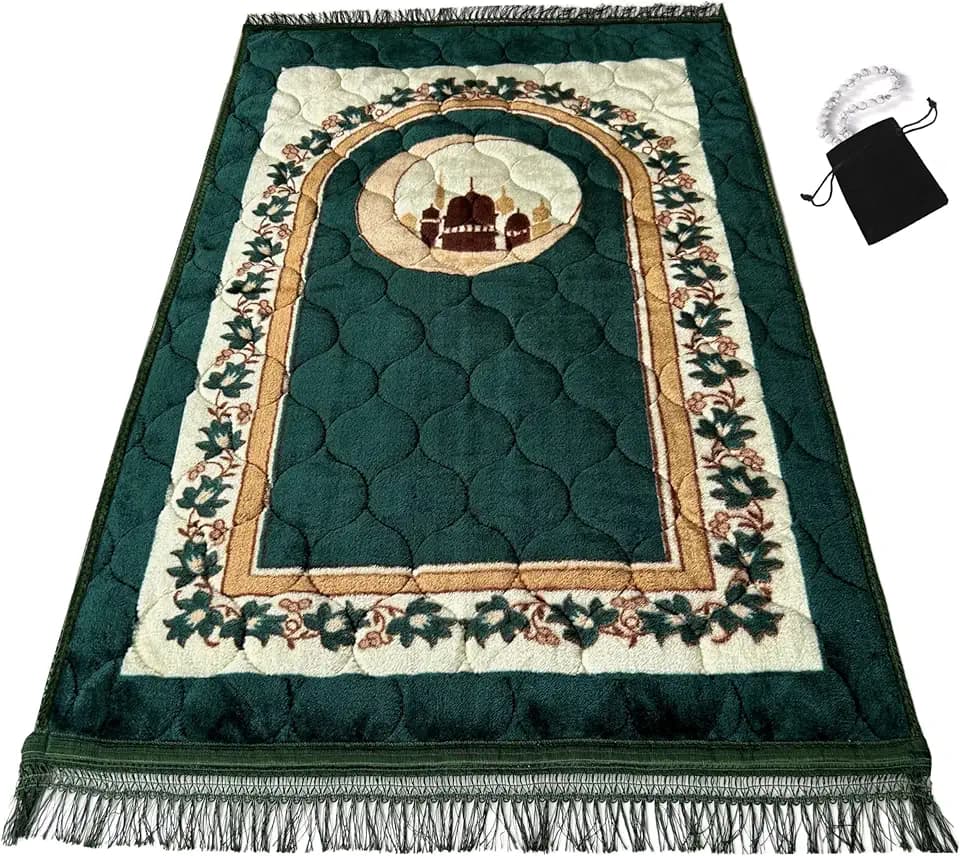 Muslimischer Gebetsteppich Islamisch - Sehr Dicker Sajadah für Männer und Frauen Mit Islamischen Gebetsperlen für Eid, Reisen, Ramadan, Weich und Luxuriös (Grün)