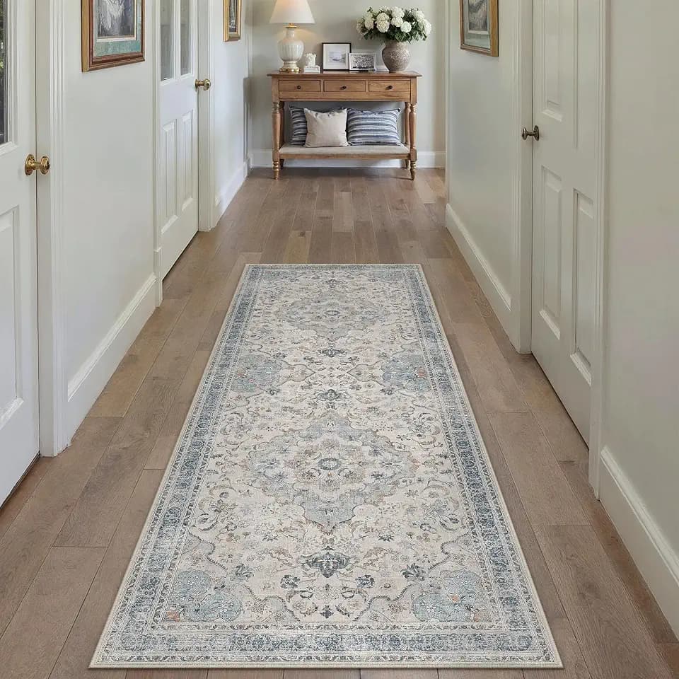 PureCozy Blue Runner Rug 2x8 Kitchen Vintage Floral Non-Slip Carpet