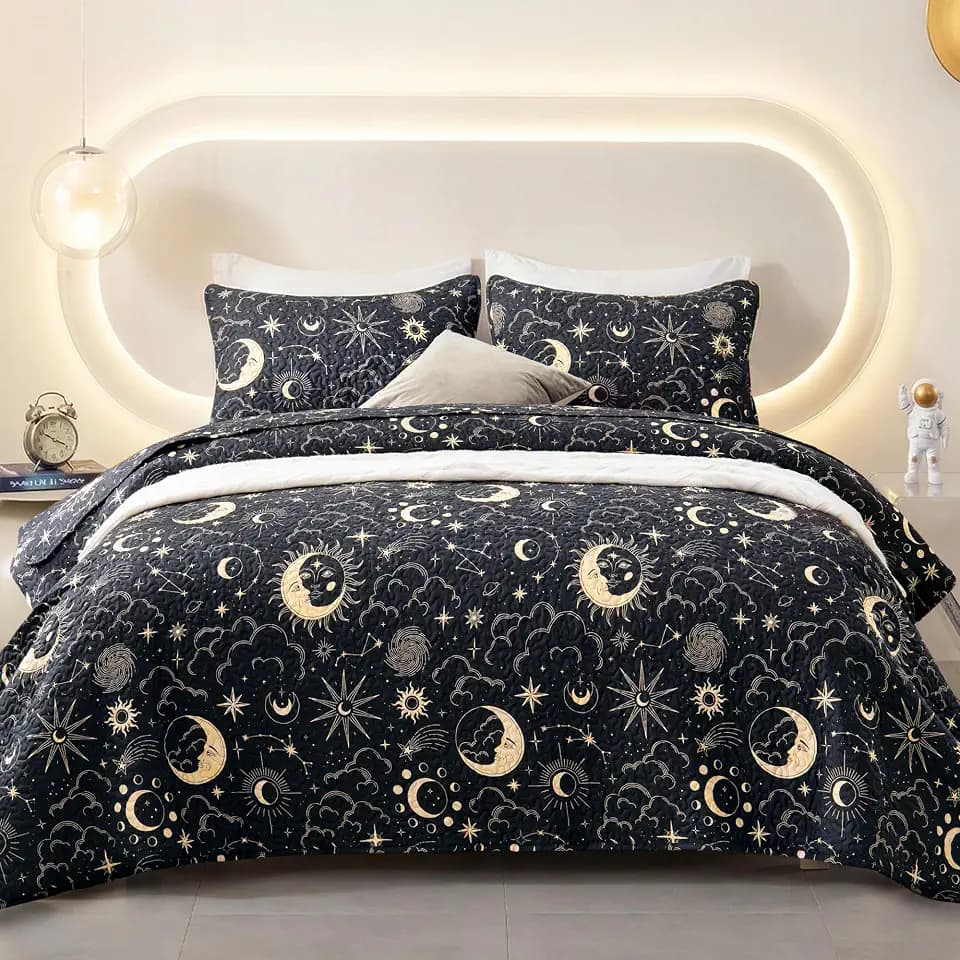 EXQ Home Quilt Set Full Queen Size Black Print Black Sun Starry Pattern