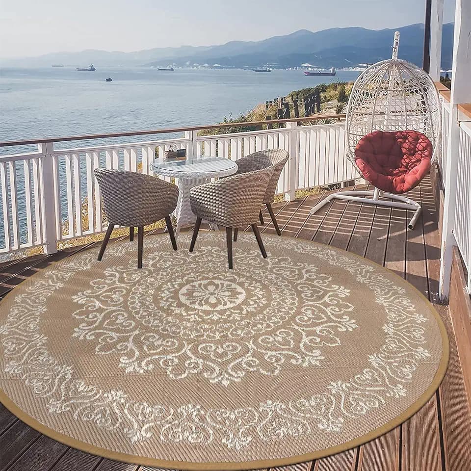 Pauwer Outdoor Rug 6ft, Waterproof Plastic Straw Camping Rug, Floral Brown