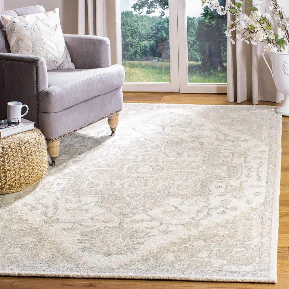 SAFAVIEH Traditionell Teppich für Wohnzimmer, Esszimmer, Schlafzimmer - Micro-Loop Collection, Kurzer Flor, Elfenbein und Beige, 90 x 150 cm