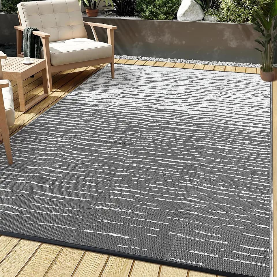 Garvee 5x8 Outdoor Rug Waterproof, Modern Striped Plastic Straw Rugs, Foldable Abstract Camping Rugs for Outside Your RV, Reversible UV Resistant Carpet for Backyard, Deck, Picnic, Beach, Porch, Grey