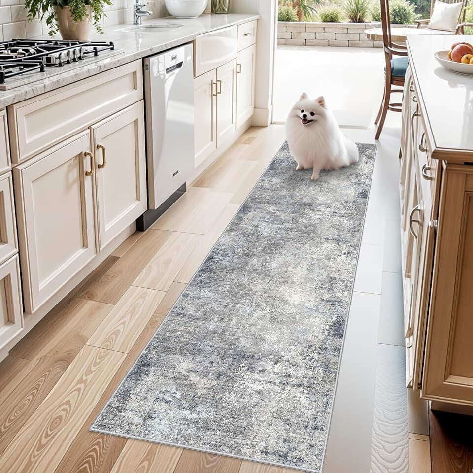 2x7 ft Hallway Runner Rug – Washable Non-Skid Soft Carpet for Kitchen Bathroom Hall Bedroom – Modern Abstract Neutral Low-Pile Thin Indoor Area Rug with Rubber Backing (Blue Grey,2x7)