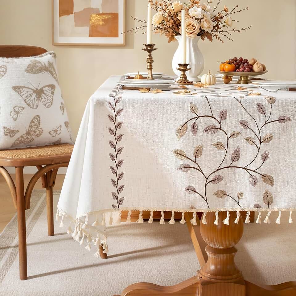 Laolitou Fall Coffee Leaf Embroidered Rectangle Tablecloth Tassels 55"×120"