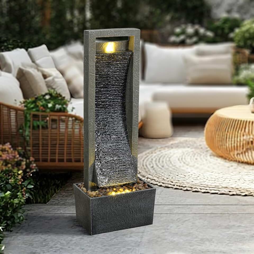 38.6" Tall Outdoor Water Fountain with LED Lights, Modern Floor Standing Waterfall Fountain for Patio Garden Porch Yard Deck Decor, Resin Freestanding Outdoor Fountain Decor